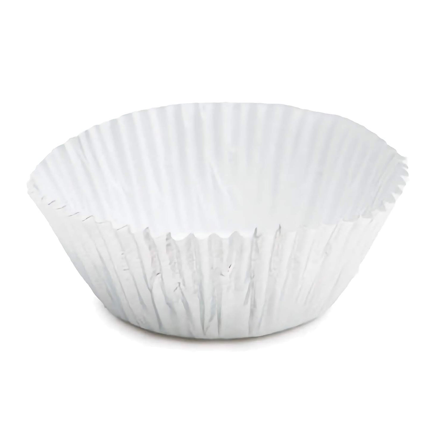 Standard-sized white foil baking cup, shown open. The cup features a shiny, reflective white exterior and interior, providing a clean and elegant look for cupcakes and other baked goods.