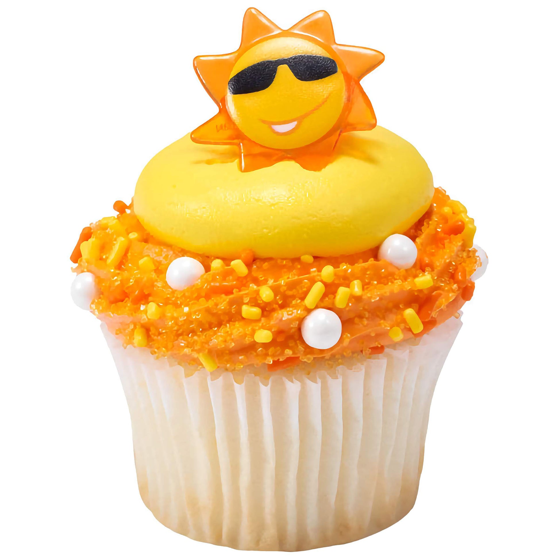 A vibrant orange frosted cupcake topped with a smiling sun decoration and white edible sugar pearls, creating a cheerful summer-themed dessert.