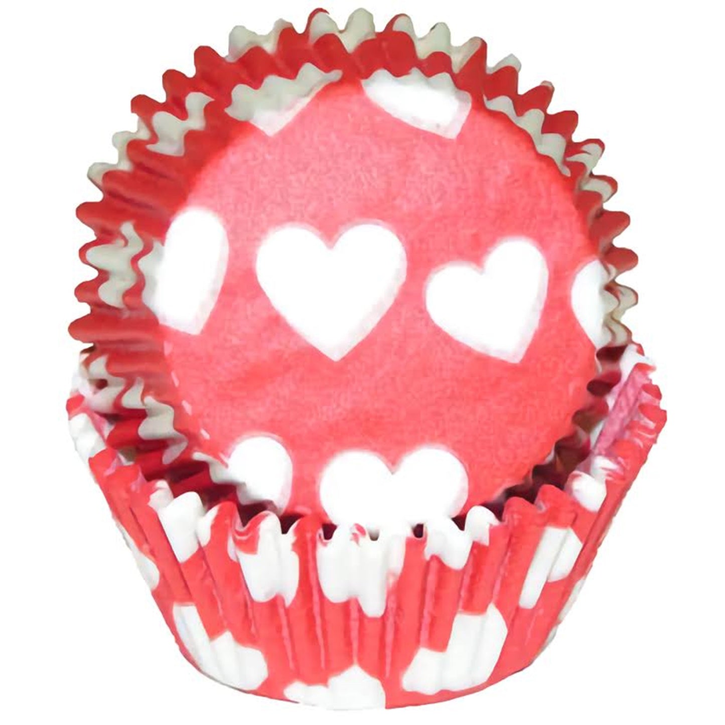 A stack of vibrant red baking cups featuring white heart shapes in various sizes scattered across the surface, perfect for Valentine's Day or romantic occasions.