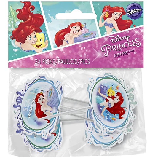 A packaging of 'Disney Princess' cupcake picks with Ariel from 'The Little Mermaid,' with designs that include her underwater friends and the slogan 'Dream Big.
