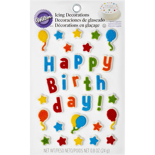"Wilton Kids Birthday Edible Cake Topper Decorating Kit with multi-colored letters spelling 'Happy Birthday' and accompanying balloon and star shapes, providing a playful and creative decoration for children's cakes."