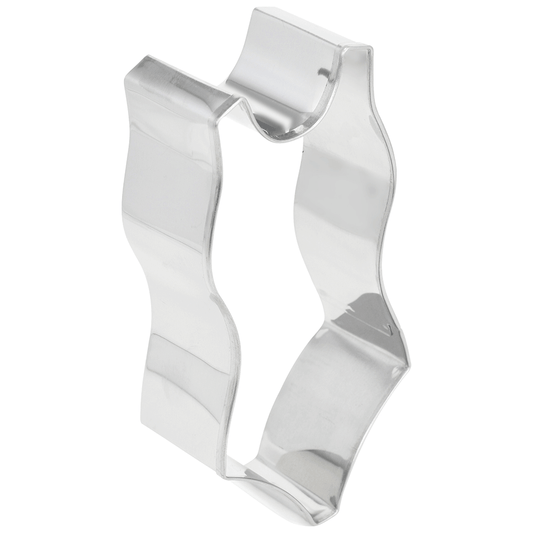 Side view of a metal swimsuit cookie cutter with smooth curves and defined edges.