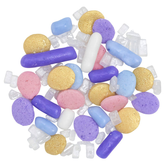 This blend features an assortment of pastel and metallic colored sprinkles including large sugar crystals, jimmies, and pearls in colors like blue, purple, pink, gold, and white. The blend adds a festive and fun look, perfect for dressing up any dessert.