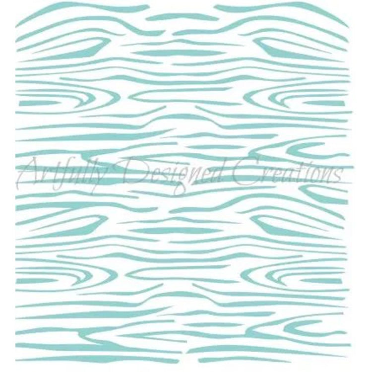 Wood grain cake stencil with teal wood-look lines and knots, shown as a square pattern on a white background for creating realistic wood texture on cakes and cookies.