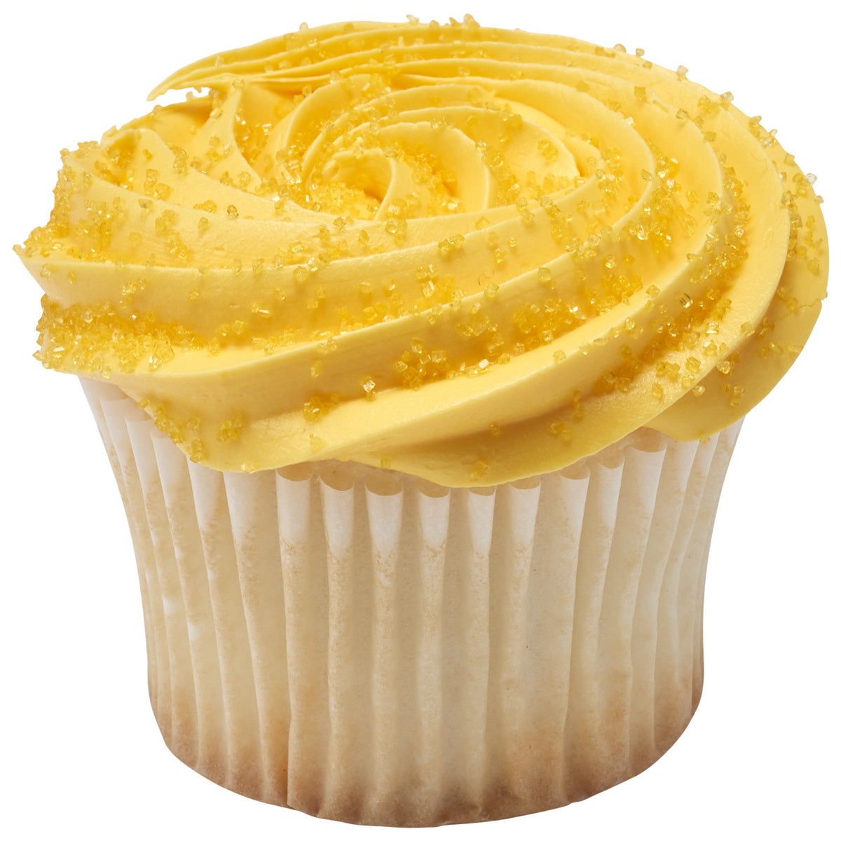 Cupcake topped with a swirl of yellow buttercream frosting and sparkling yellow sanding sugar crystals in a white paper baking liner.