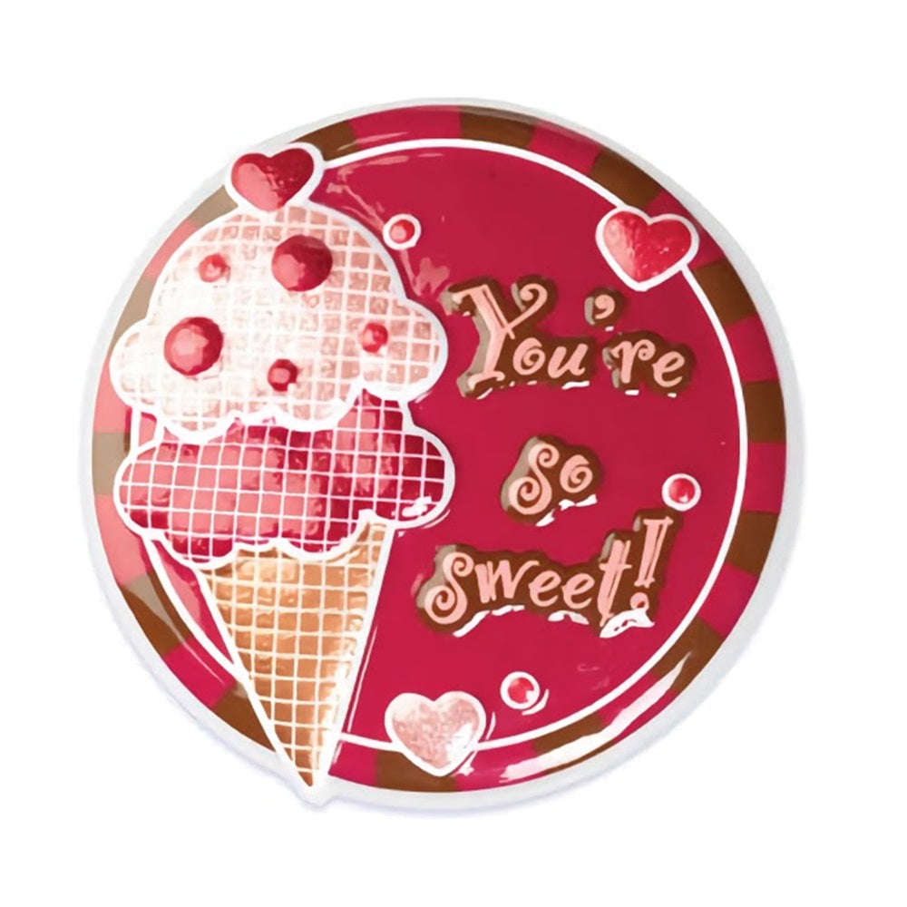 'You're So Sweet!' poptop cupcake pick set, featuring a red and white design with a whimsical ice cream cone and hearts, perfect for adding a charming message to birthday or valentine treats.