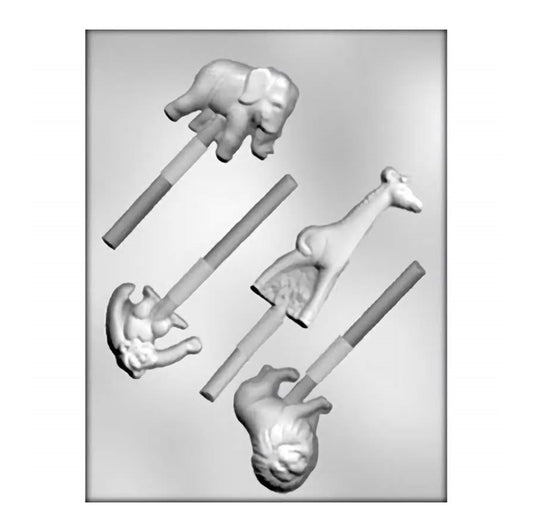A chocolate mold with various cavities, each shaped like different zoo animals. It's an excellent choice for creating a zoo-themed assortment of chocolate lollipops.