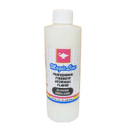 Magic Line Almond Emulsion bottle with a white cap and cream-colored liquid, featuring a colorful label that reads “Almond Emulsion” and “Professional Strength,” 8 oz.