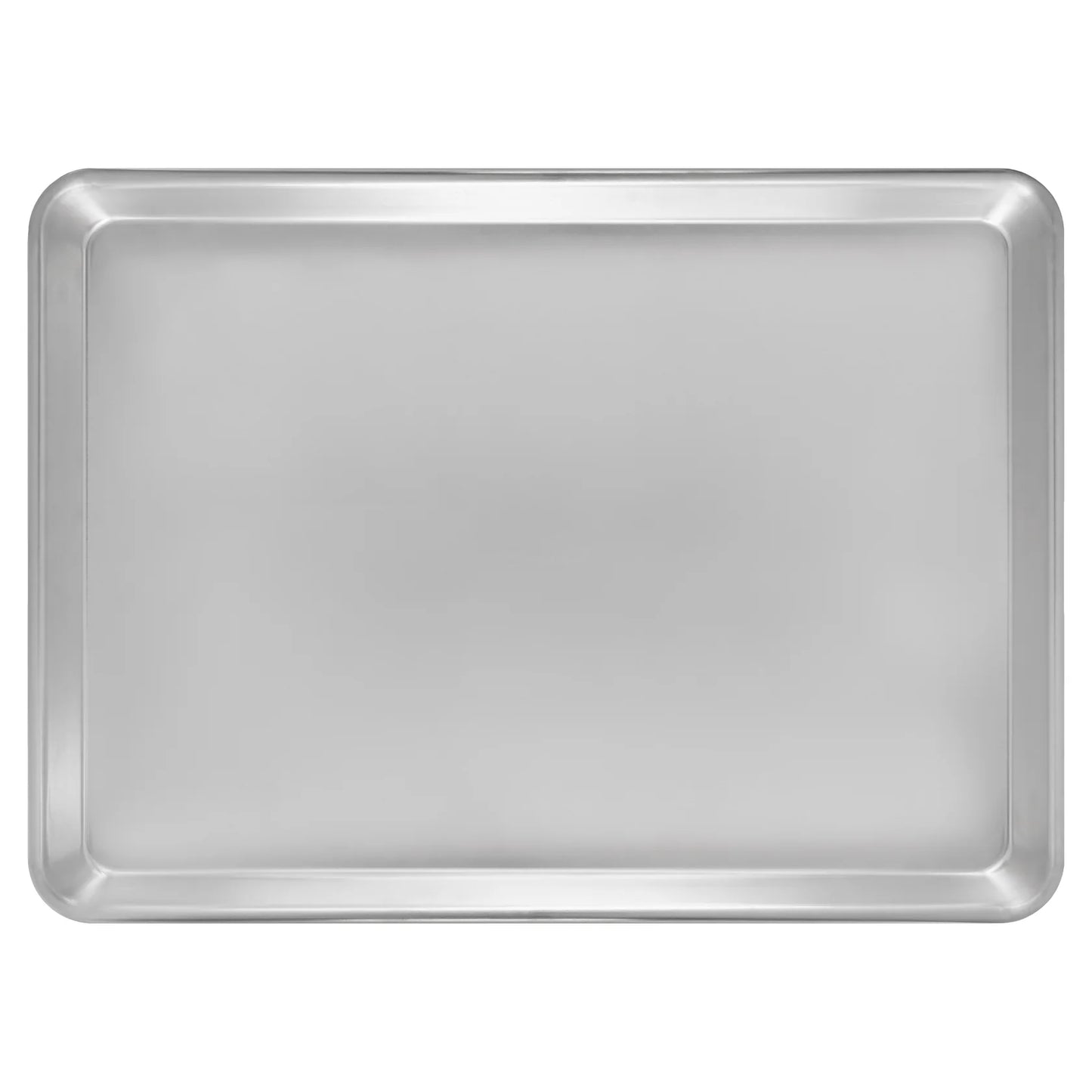 Top-down view of a Fat Daddio's aluminum quarter sheet pan with smooth interior and rounded corners