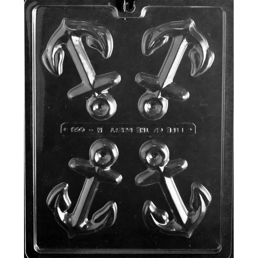 Clear plastic chocolate mold with four anchor-shaped cavities, each showing a crossbar at the top, a long shank, and curved flukes at the bottom.