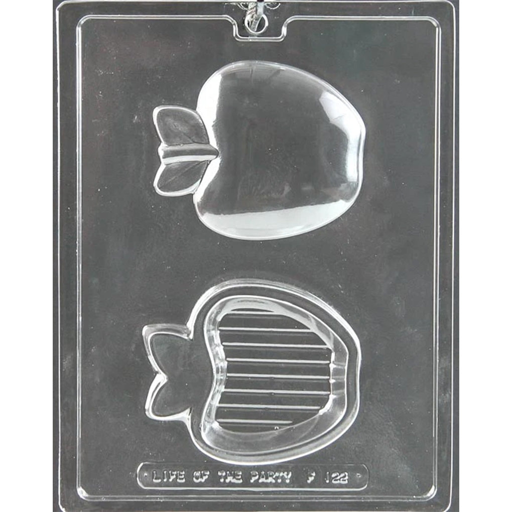 Two-cavity apple pour box chocolate mold with a smooth leaf-topped lid and deep ribbed base for a 4 1/2-inch candy container