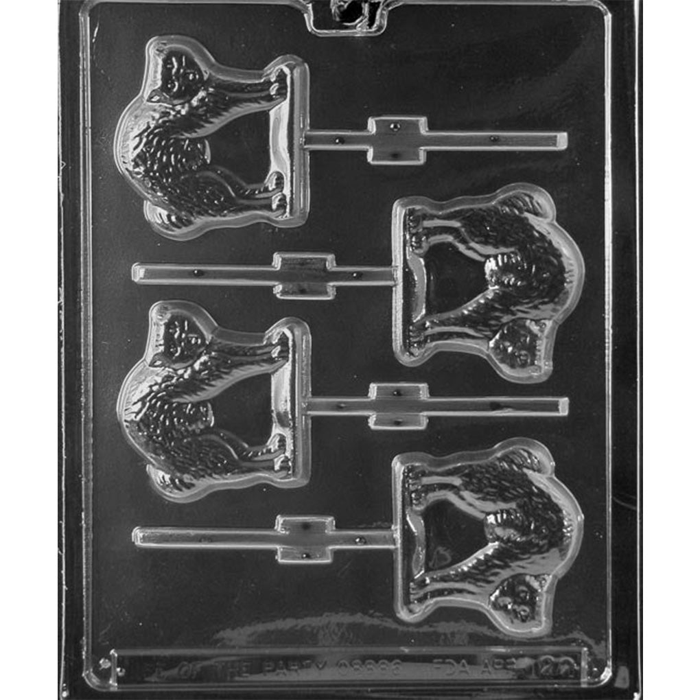 Clear Arched Back Cat Chocolate Lollipop Mold photographed against a black background with four cat-shaped cavities featuring raised fur, pointed ears, arched backs, and stick channels.