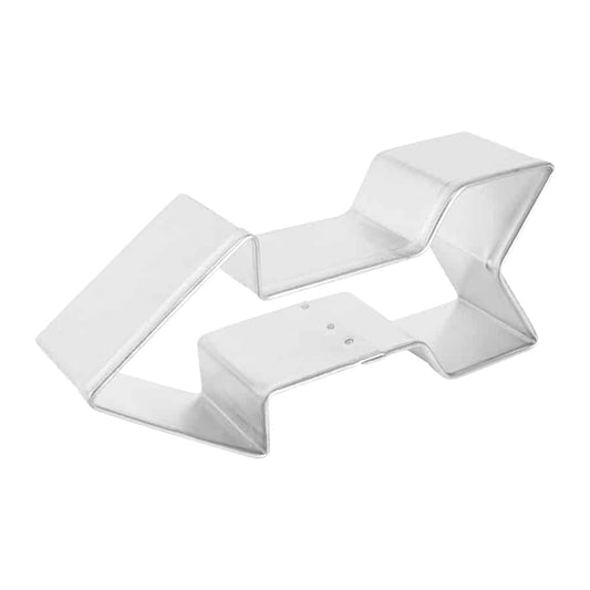 Side view of an arrow-shaped cookie cutter with reinforced seams.