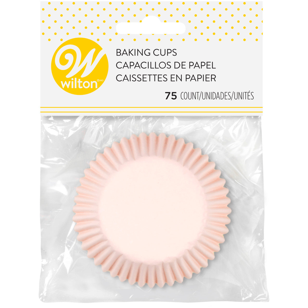 Wilton 75-count pastel baking cups in pink, shown sealed in retail packaging with product label.