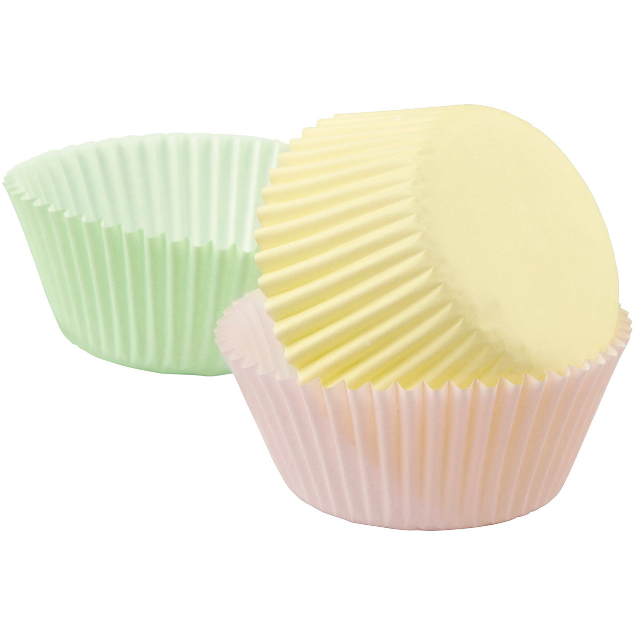 Side view of stacked pastel Wilton baking cups in pink, yellow, and green, arranged to show depth and detail.