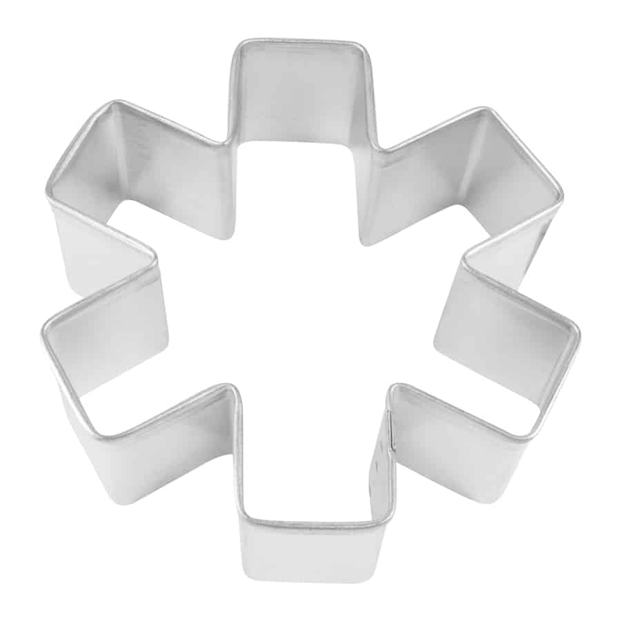Metal asterisk-shaped cookie cutter with six symmetrical points, ideal for medical-themed baking and geometric designs.
