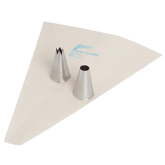 Pastry tube set with star and plain stainless steel tips and a reusable 12-inch piping bag on a white background.