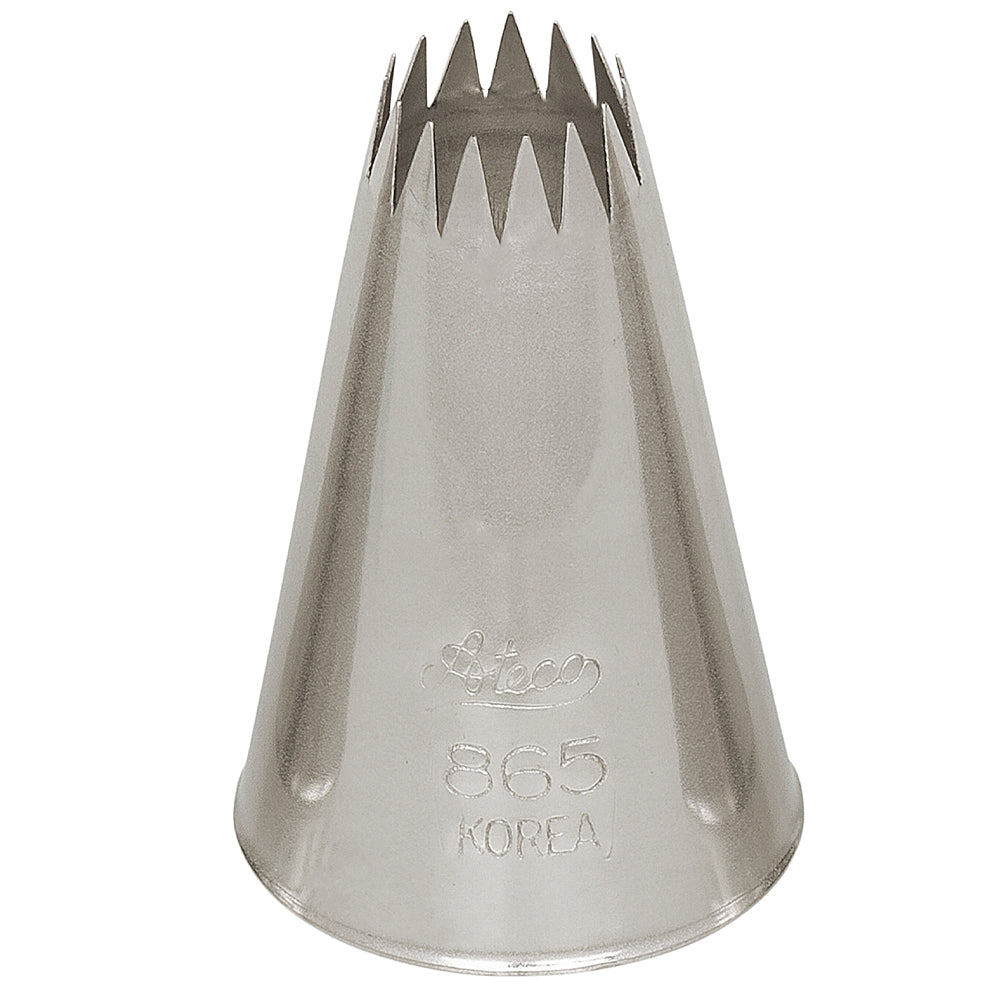 Ateco French Star Tip #865, stainless steel piping tip with a 0.52-inch opening for bold, intricate decorative designs on baked goods.