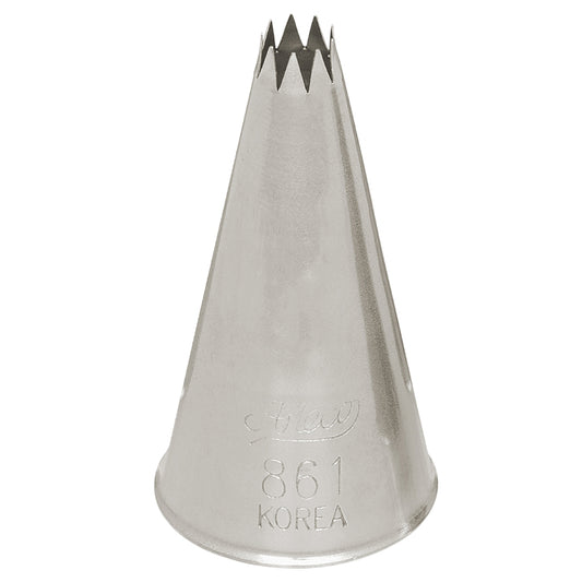 Ateco Piping Tip #861, a closed star tip with a 0.27-inch opening, designed for creating sharp, detailed ridges in rosettes, swirls, and borders on cakes and cupcakes.