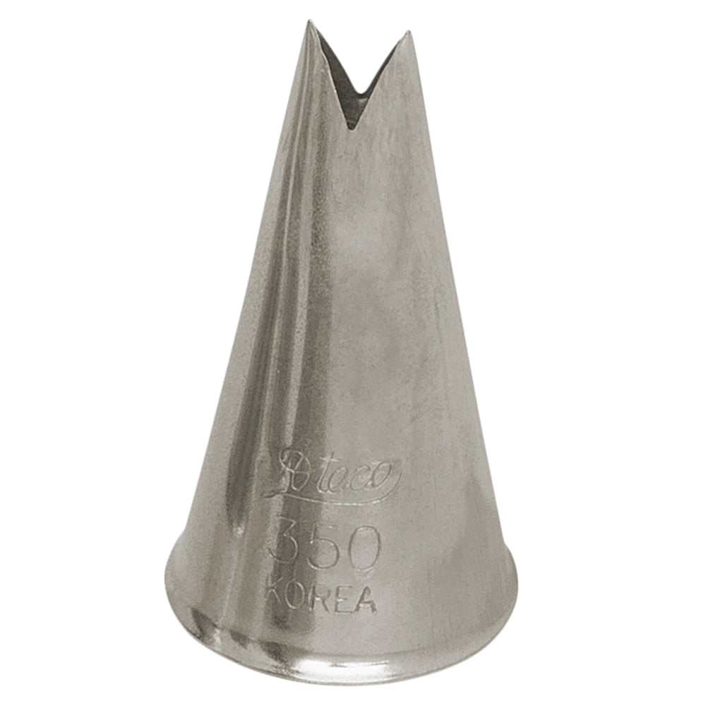 350 Piping Tip with a V-shaped design for crafting plain, ruffled, or stand-up pointed leaves on cakes and desserts.