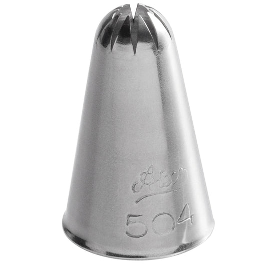 Ateco #504 Closed Star piping tip with a 0.28" opening, perfect for creating shells, stars, rosettes, and flowers. Durable stainless steel construction with left-handed friendly design.