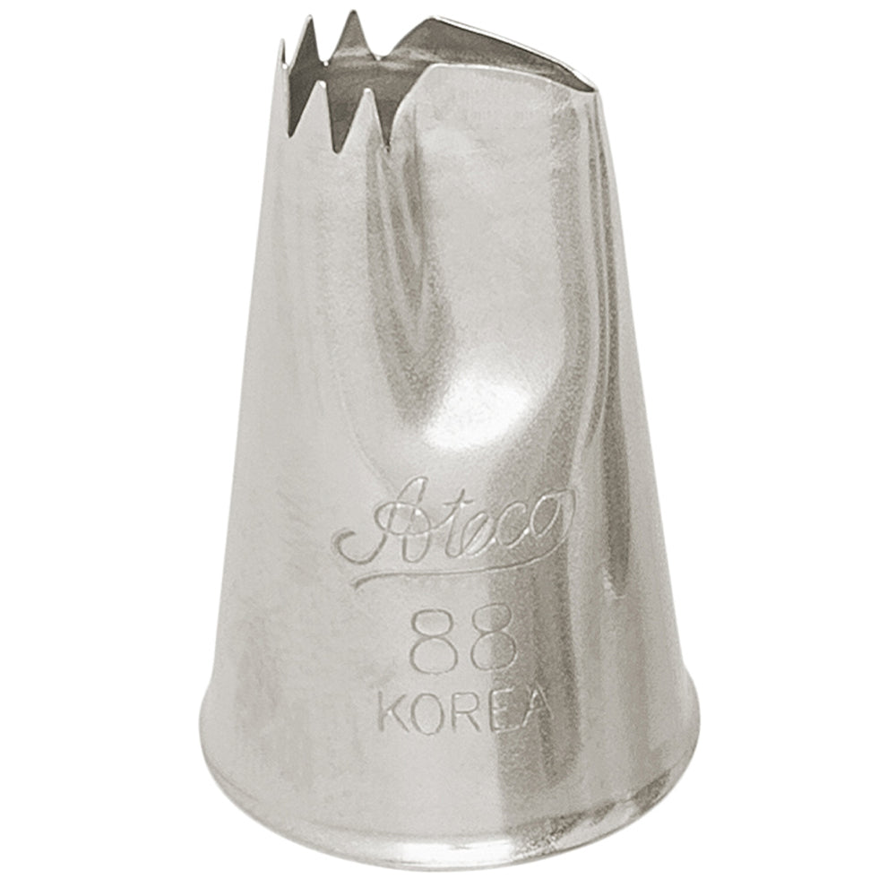 Ateco #88 Ruffle piping tip with a 0.4" teardrop-shaped opening, perfect for creating ribbons, bows, and scallops. Durable stainless steel construction.