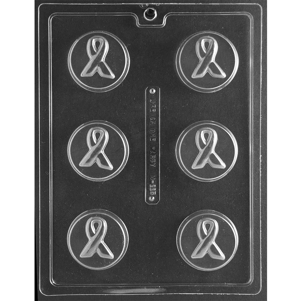 Clear plastic chocolate mold with six round cavities, each showing a raised awareness ribbon in the center and a circular border around the design.