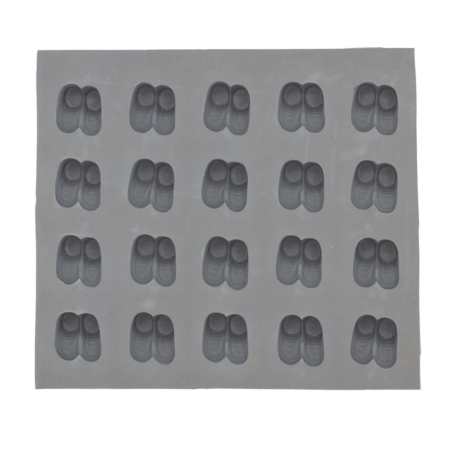 Full 20-cavity Baby Booties Rubber Mint Mold sheet made from 100% natural rubber, each cavity shaped like a pair of baby shoes with sneaker-style features.