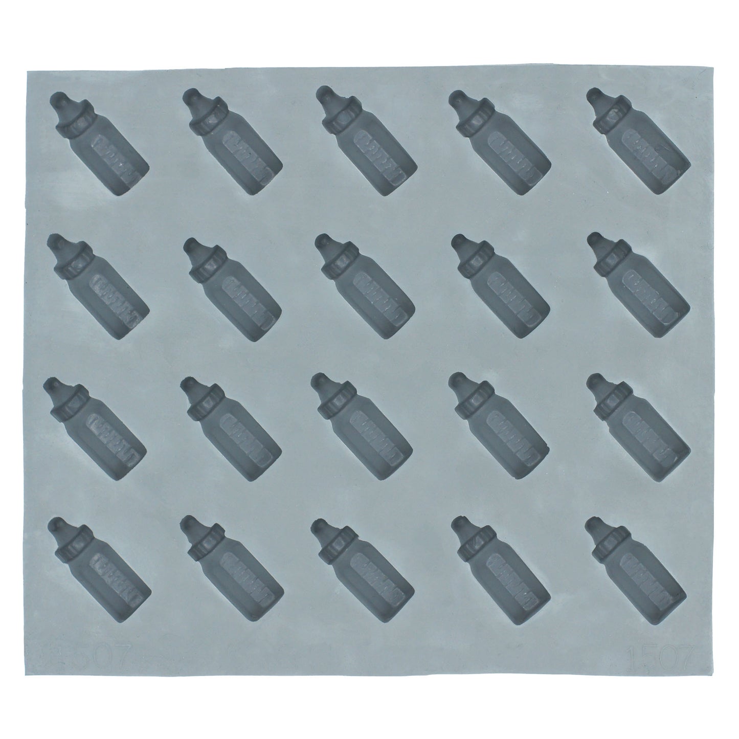 Full sheet of 20 baby bottle-shaped cavities in a natural rubber mold used for creating baby shower treats like cream cheese mints or molded chocolates.