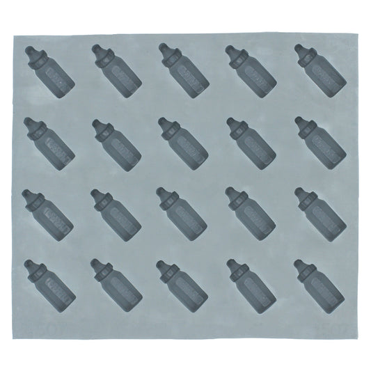 Full sheet of 20 baby bottle-shaped cavities in a natural rubber mold used for creating baby shower treats like cream cheese mints or molded chocolates.