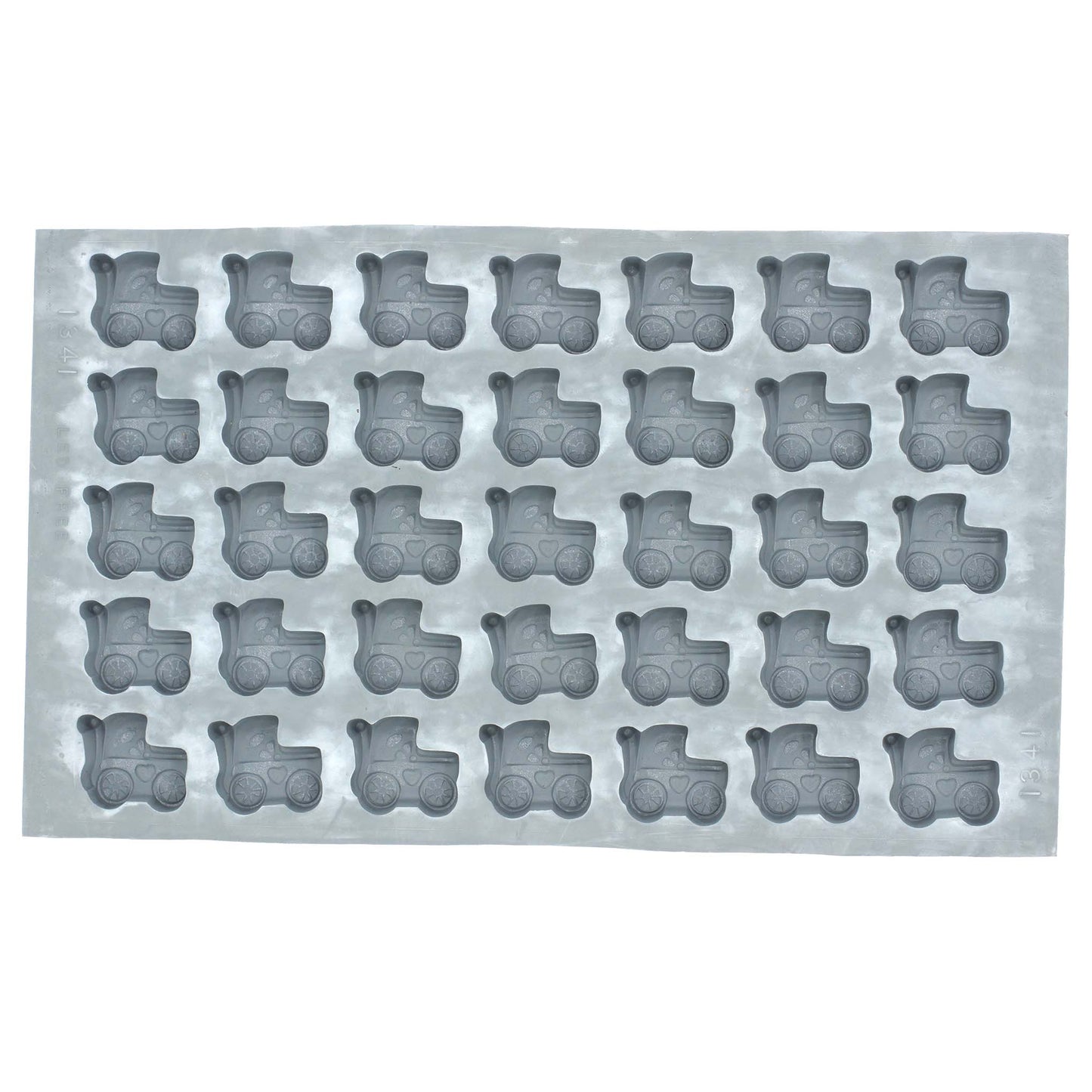 Full sheet of 35 baby buggy-shaped cavities in a natural rubber mold used for crafting mints, chocolates, or fondant decorations for baby celebrations.