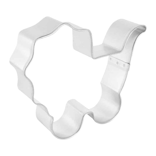 Side view of a baby carriage cookie cutter with a detailed handle and curved edges.