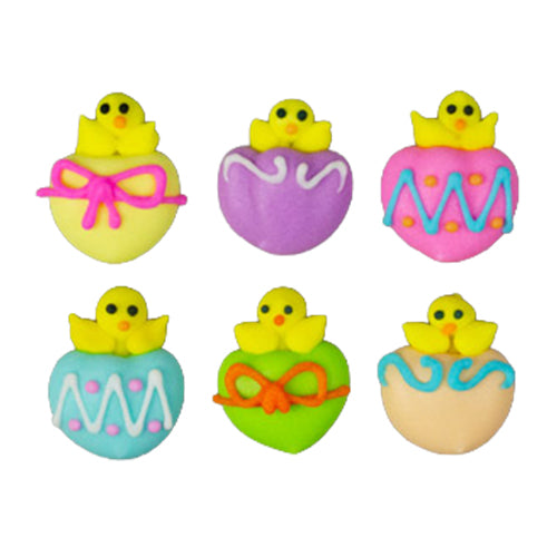 Six royal icing decorations featuring yellow chicks in pastel-colored eggshells with bows and icing patterns, each 5/8 inch in size.