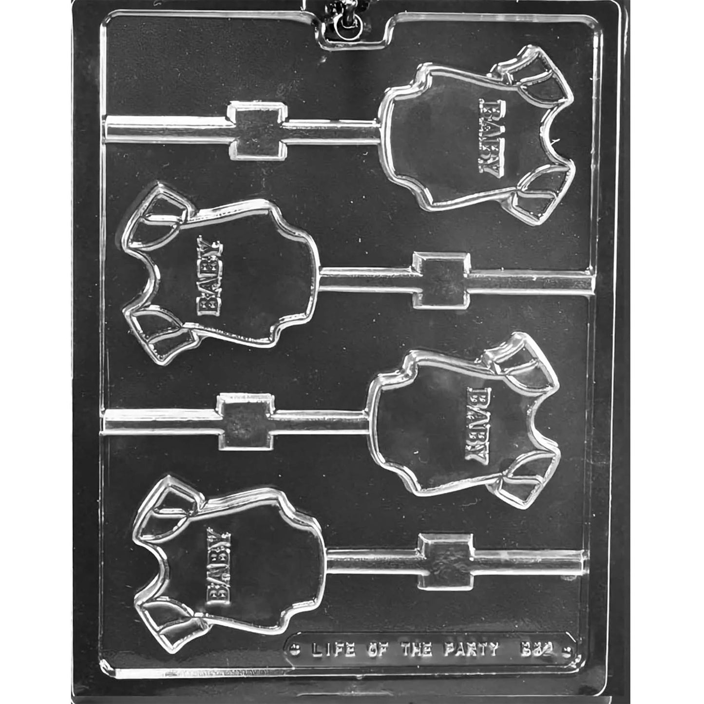 Clear plastic chocolate lollipop mold with four baby onesie-shaped cavities featuring the word “BABY” in raised lettering and stick channels for making onesie chocolate pops.