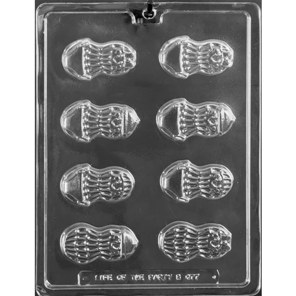 Plastic chocolate mold with eight baby peanut character cavities featuring smiling faces and outfit details like diapers, hats, and bows