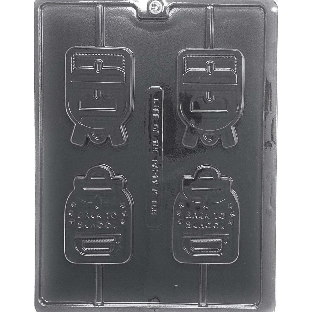 Clear Backpack Chocolate Lollipop Mold photographed against a black background with four detailed backpack cavities in two designs and built-in stick channels.