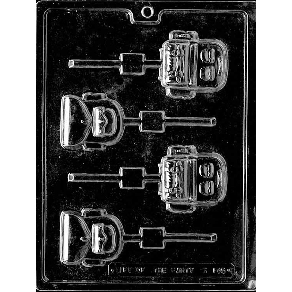 Four-cavity backpack chocolate lollipop mold with two school bag designs, each measuring approximately 2 3/8 x 2 3/8 x 5/8 inches deep