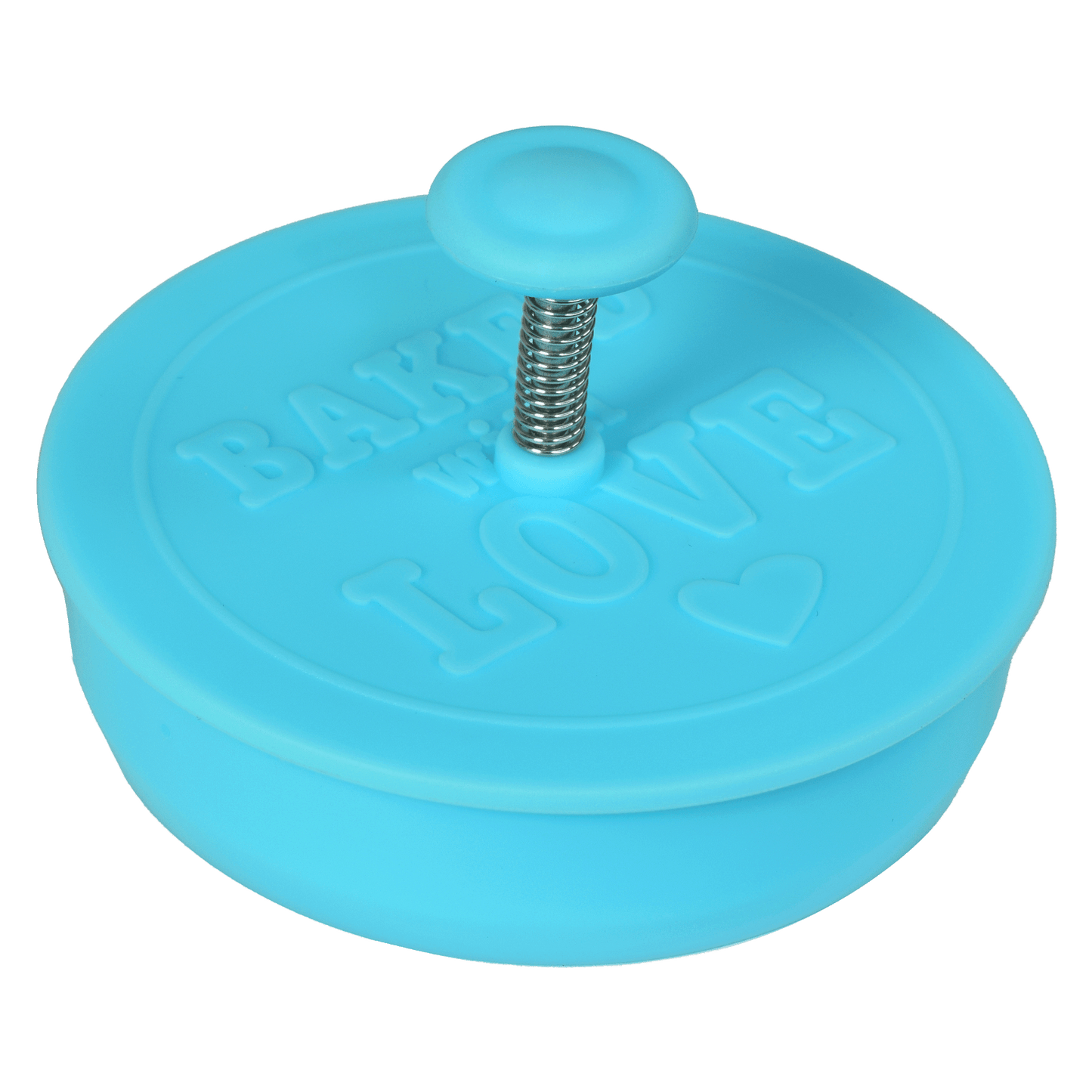 Side view of the spring-loaded "Baked with Love" cookie stamper, designed for easy imprinting.