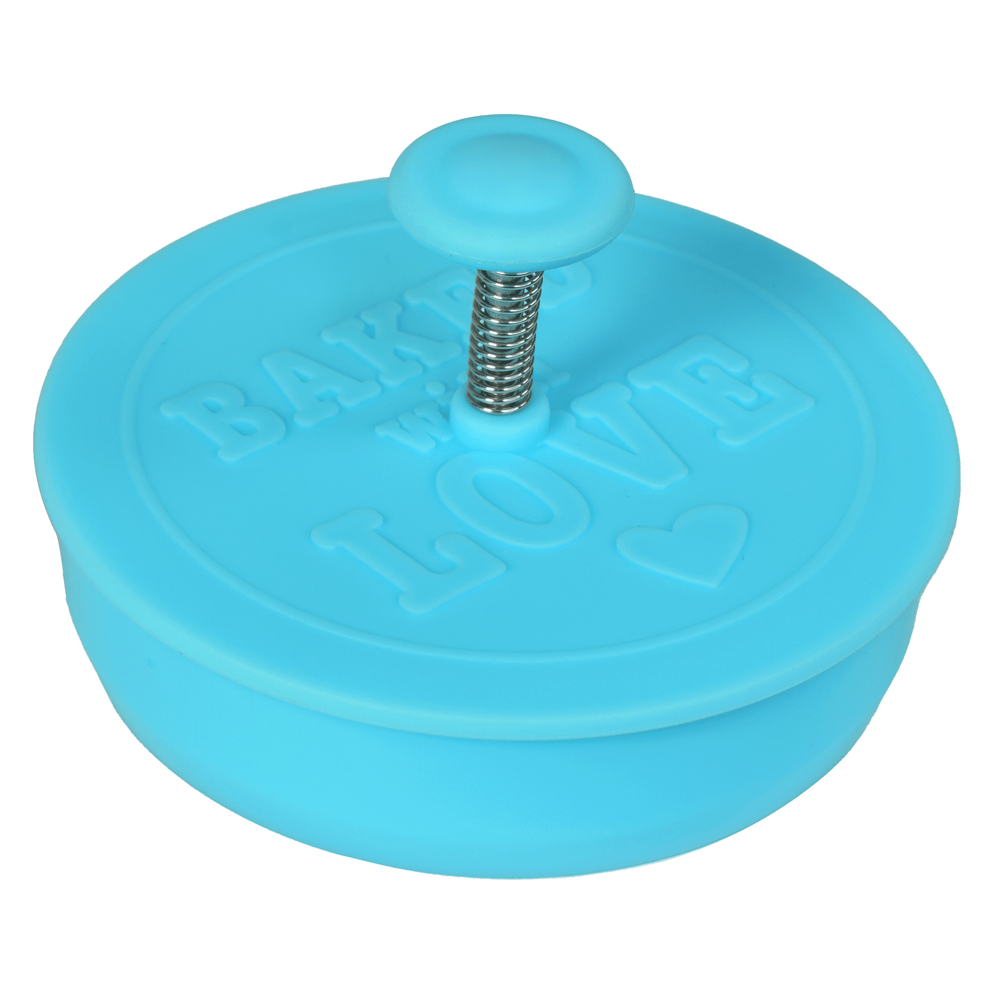 Side view of the spring-loaded "Baked with Love" cookie stamper, designed for easy imprinting.