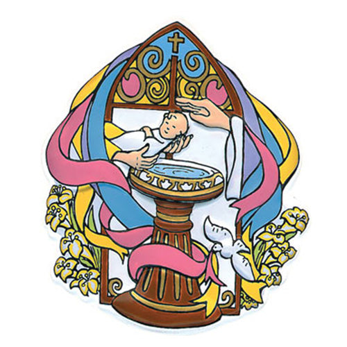 Christening or baptism cake topper featuring a baby at a baptismal font with pastel ribbons, flowers, a dove, and stained-glass design.