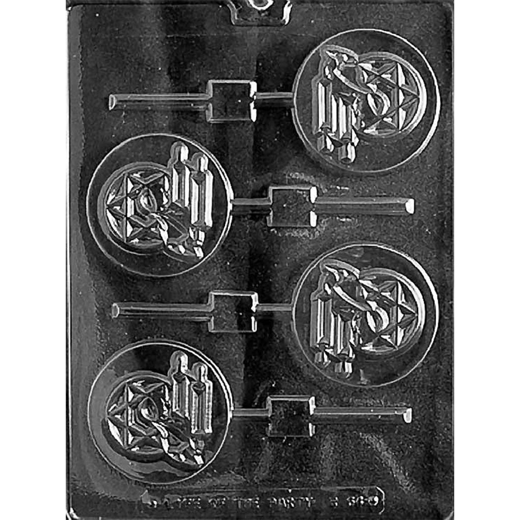 Clear four-cavity Bar Mitzvah Boy Chocolate Lollipop Mold with a boy kneeling before a Torah and a Star of David background