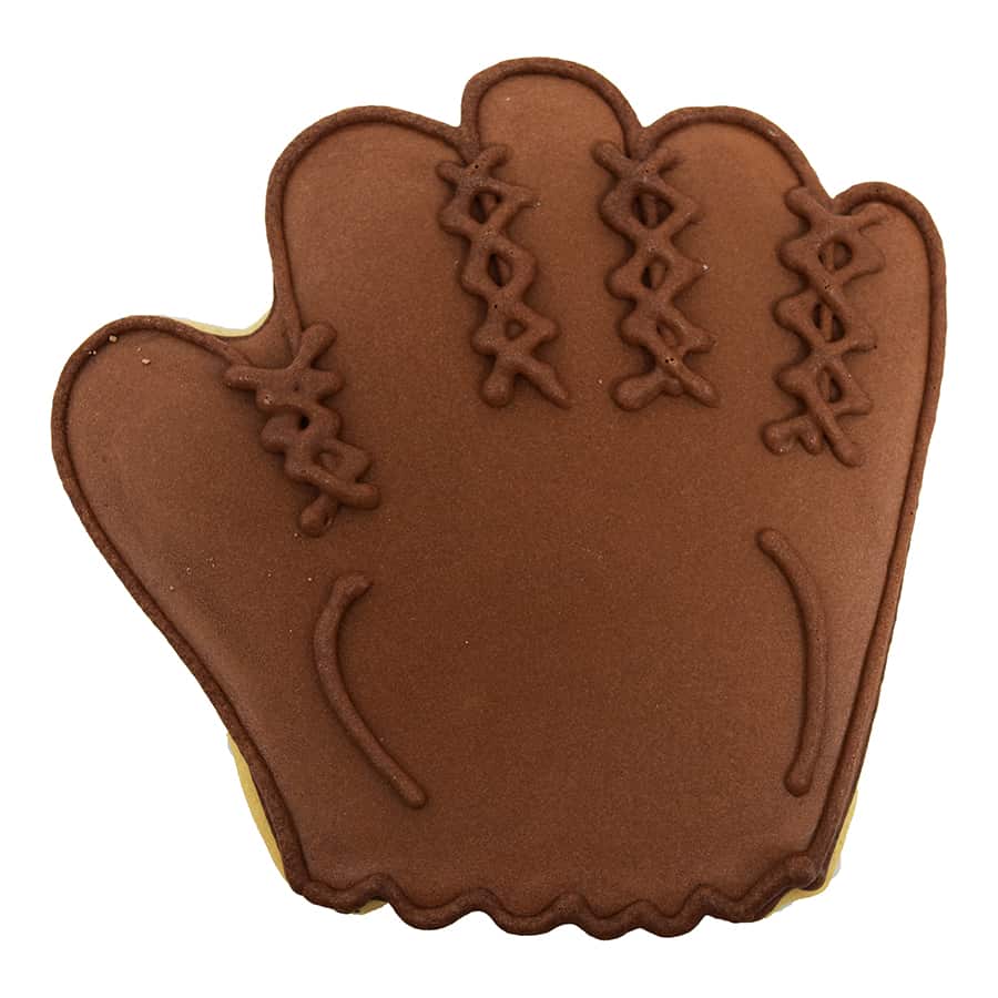 Baseball glove-shaped sugar cookie decorated with brown icing and realistic stitching details, perfect for sports fans and team celebrations.