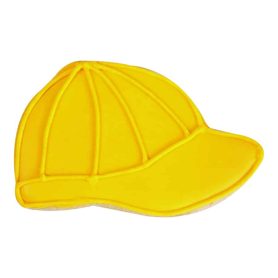 Bright yellow baseball cap cookie with piped details, perfect for sports-themed treats.