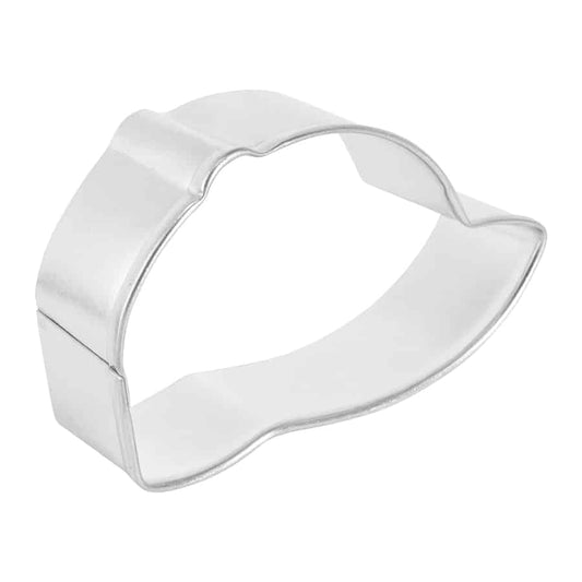 Side view of a baseball cap cookie cutter, showing its curved brim and structured design.