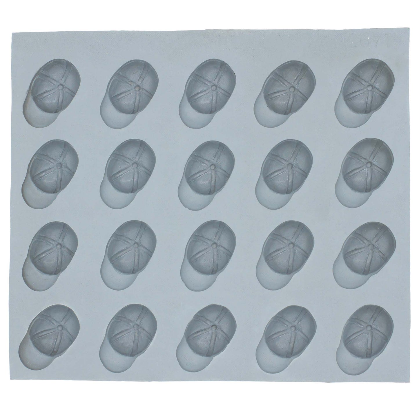Full sheet of 20 baseball cap-shaped cavities in a natural rubber mold used for making sporty party treats or candy favors.