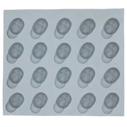 Full sheet of 20 baseball cap-shaped cavities in a natural rubber mold used for making sporty party treats or candy favors.