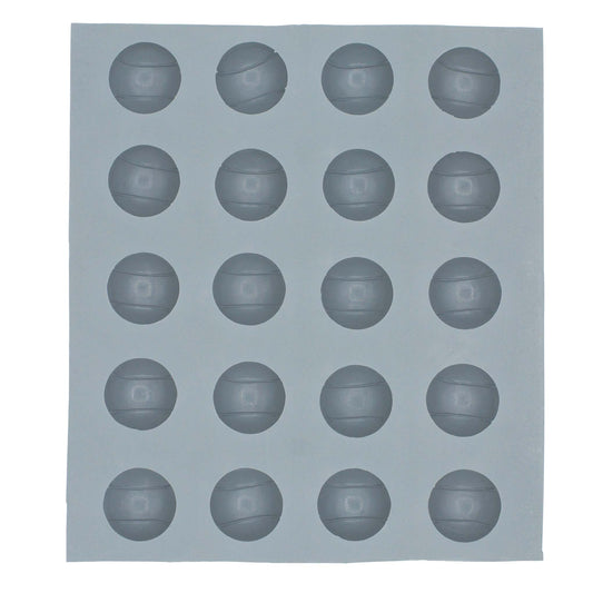 Full sheet of 20 sports ball-shaped cavities in a natural rubber mold used for creating themed treats for parties, teams, or athletic celebrations.
