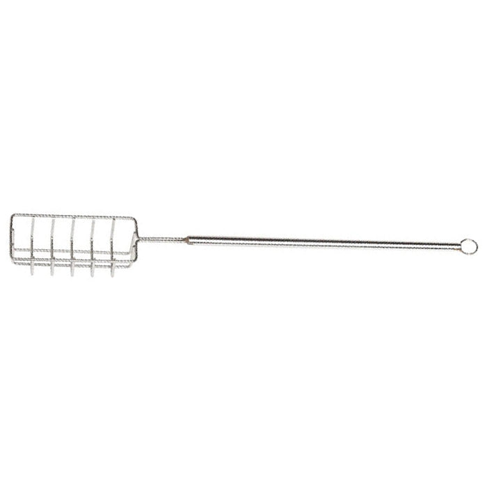 Basket-style chocolate dipping tool with a rectangular wire frame and long twisted handle, designed for dipping small candies and berries.
