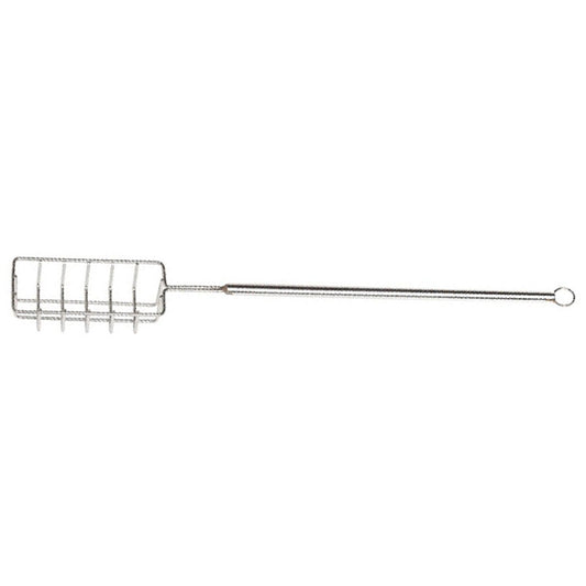 Basket-style chocolate dipping tool with a rectangular wire frame and long twisted handle, designed for dipping small candies and berries.