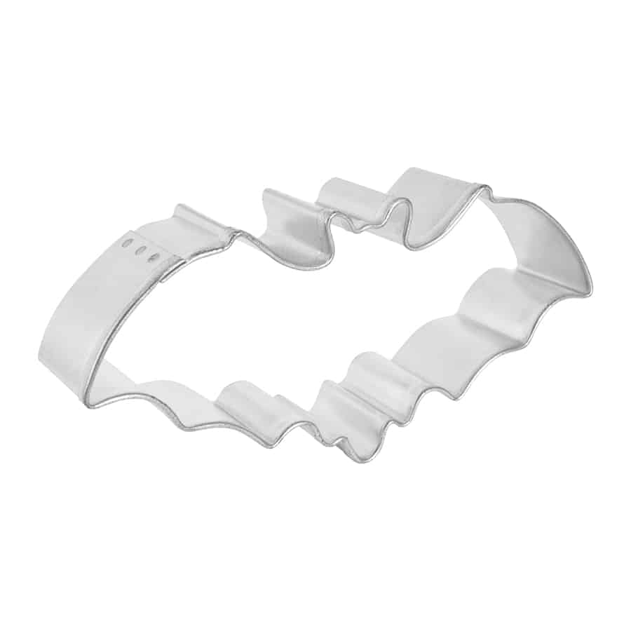 Side view of the bat cookie cutter, showing its depth and curved wing design.